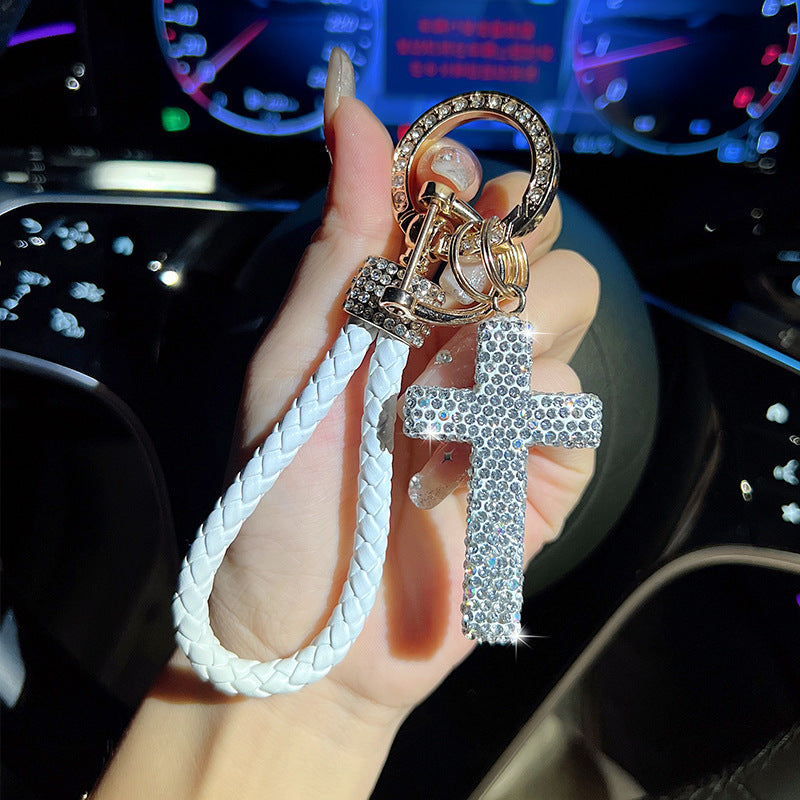 Wholesale Clay Full Diamond Cross with Diamond Hand-woven Rope Car Keychains